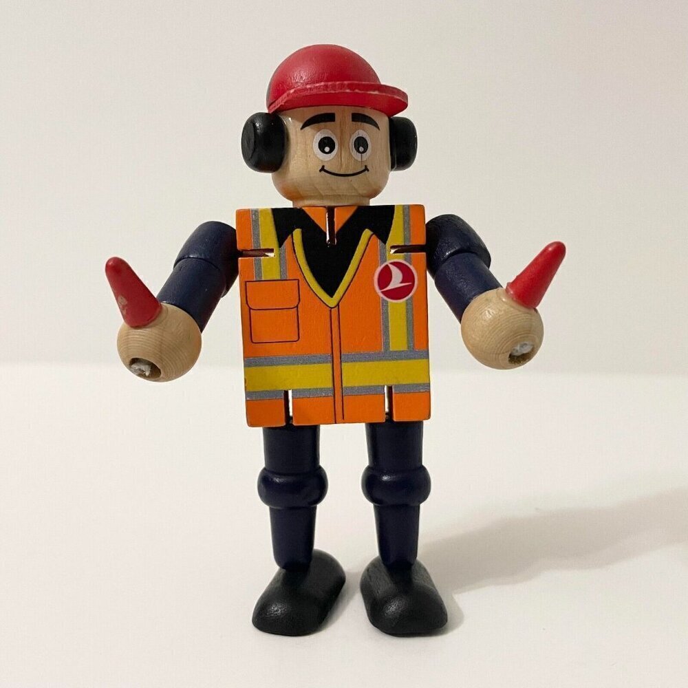 Turkish Airlines Small Wooden Toy Plane Coordinator Moveable Arms and Legs